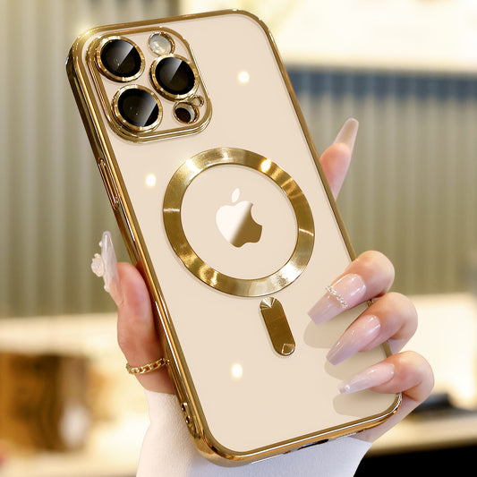 Waldeng for iPhone 13 Pro Max Case with Integrated Camera Lens Protection, [Seamless Work with Magsafe] [Metallic Glossy Soft Bumper], Diamond Clear Stylish Case for iPhone 13 Pro Max 6.7", Royal Gold